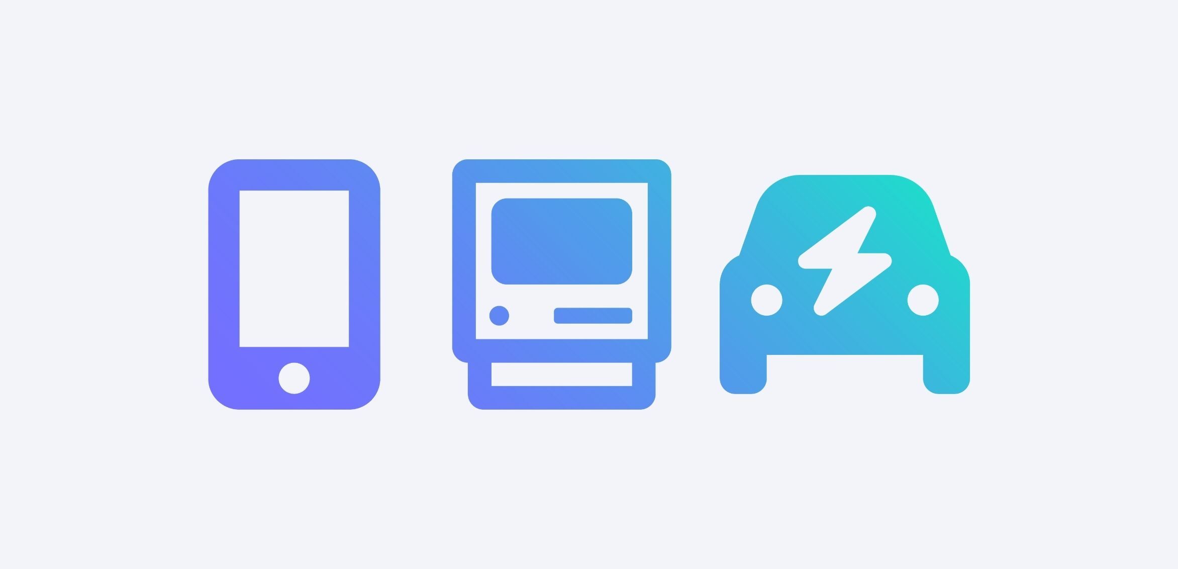 Graphic of a mobile phone, computer and a car with a lightning bolt down the middle of the hood.