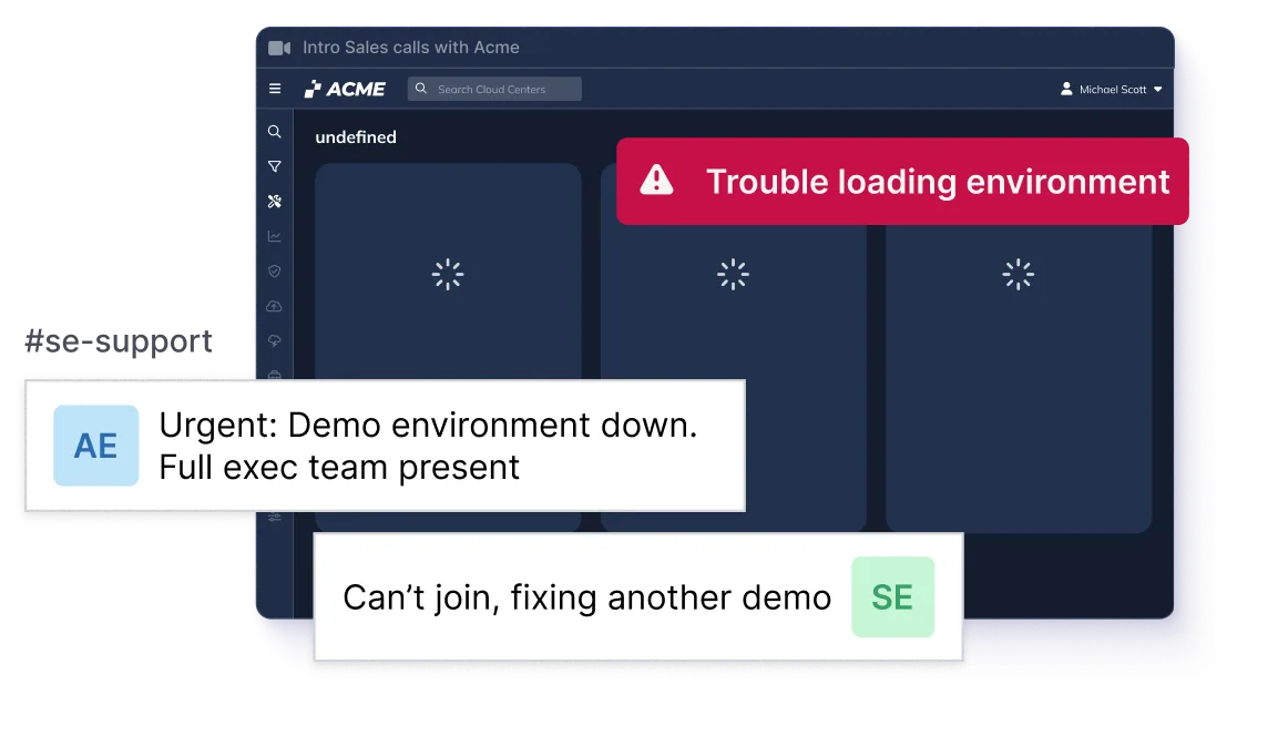 image of a demo failing and an SE chatting about it