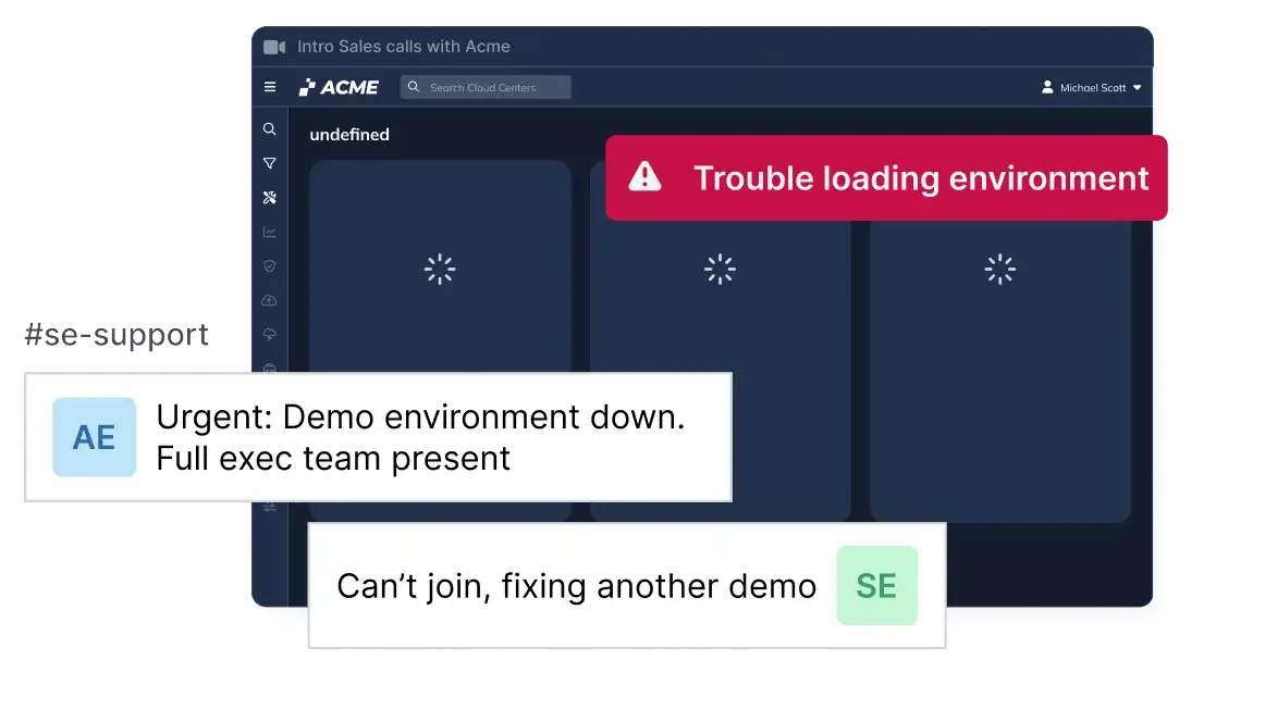 image of a demo failing and an SE chatting about it